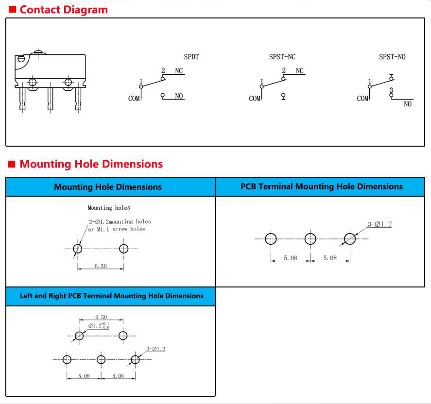 subminiature micro switch contact diagram and dimesions